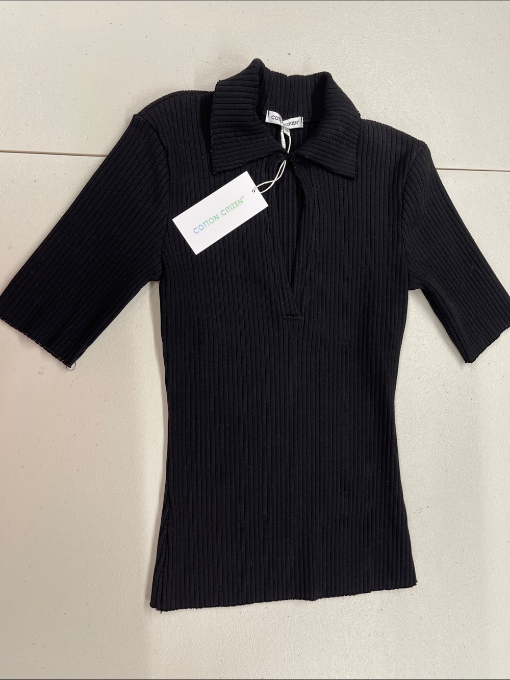 Cotton Citizen Black Ribbed Short-Sleeve Polo Top
